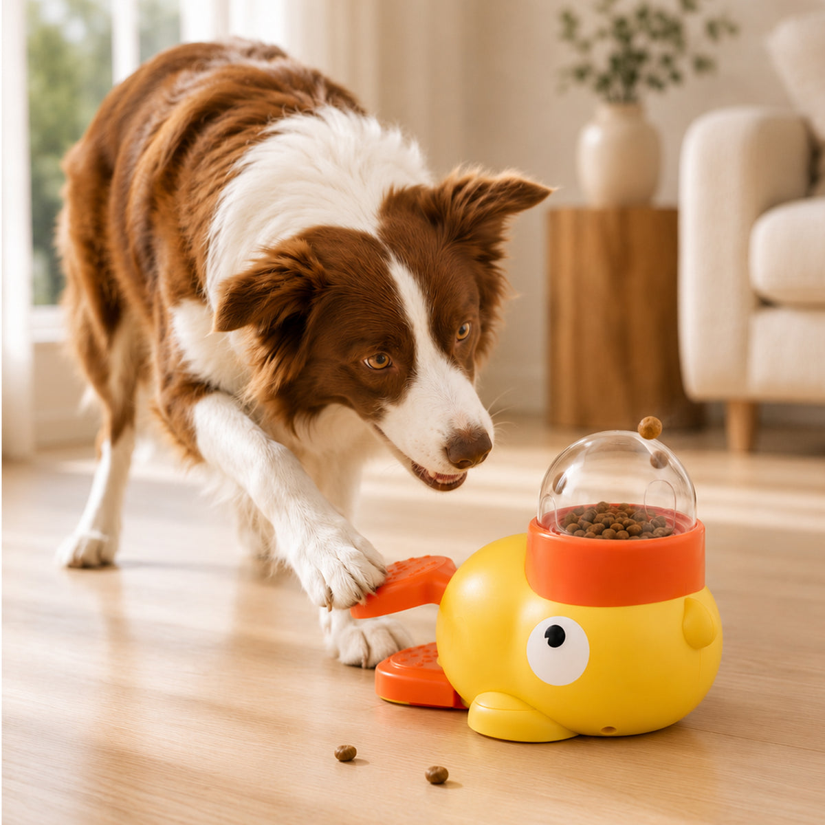 Small dog engaging with treat dispenser toy on low-pile carpet indoors