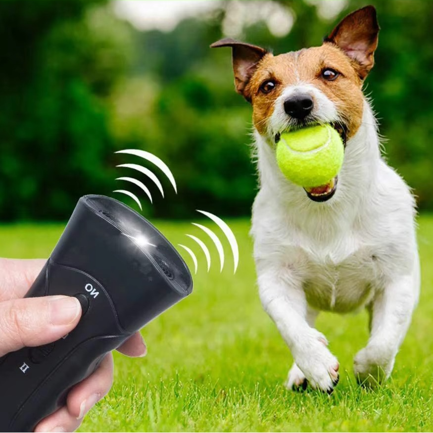 Hand pointing ultrasonic barking device toward a Jack Russell Terrier running with a tennis ball on grass outdoors