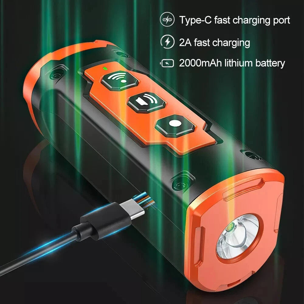 Orange Ultrasonic Dog Barking Deterrent Device connected via Type-C cable showing fast charging and 2000mAh battery specs