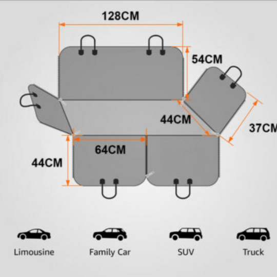 Dimension diagram showing pet car seat cover measurements: 128cm wide, compatible with limousine, family car, SUV, truck