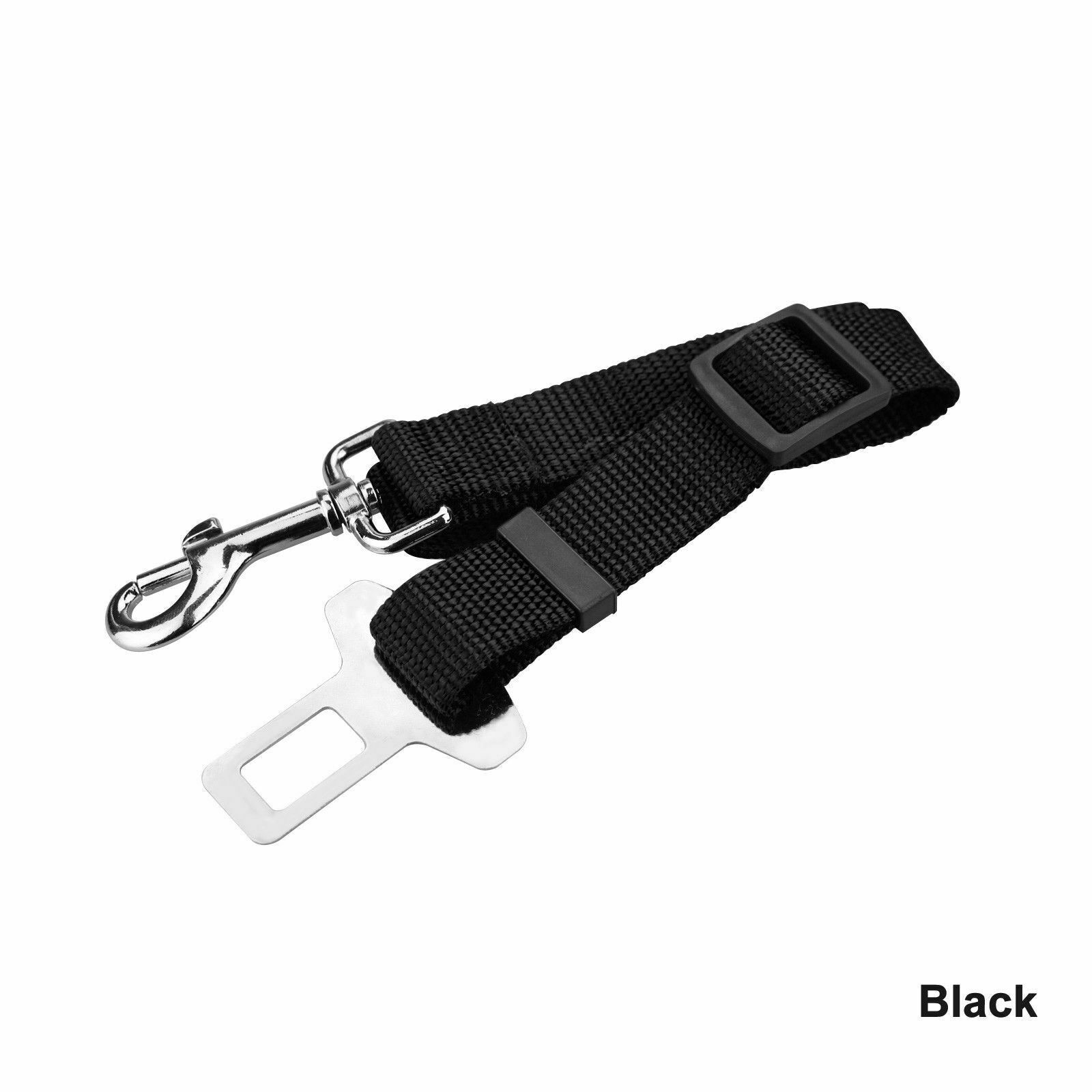 Black Adjustable Dog Travel Safety Seatbelt with silver clip and seatbelt buckle