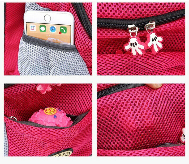 Pink Dog Backpack detail shots showing side pocket, zipper pulls, front pocket and interior mesh