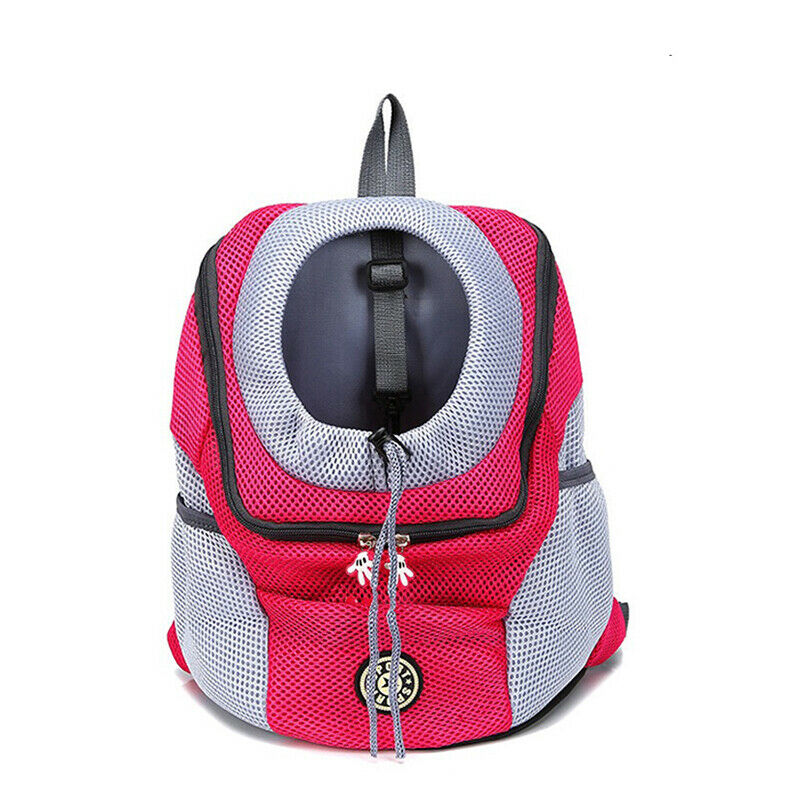Pink and grey mesh Dog Backpack front view on white background
