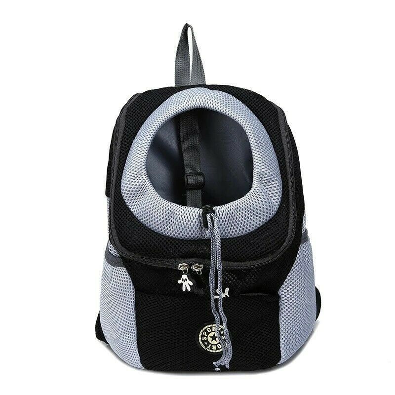 Black and grey mesh Dog Backpack front view on white background