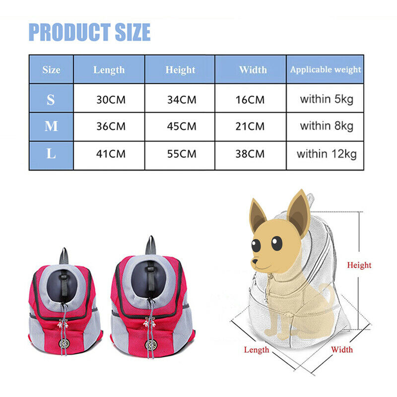 Size chart for Dog Backpack showing S, M, L dimensions and applicable dog weight