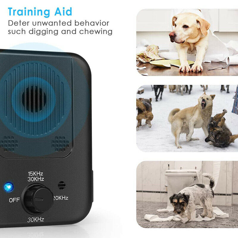 Training Aid infographic showing Dog Bark Silencer deters digging, barking, and chewing