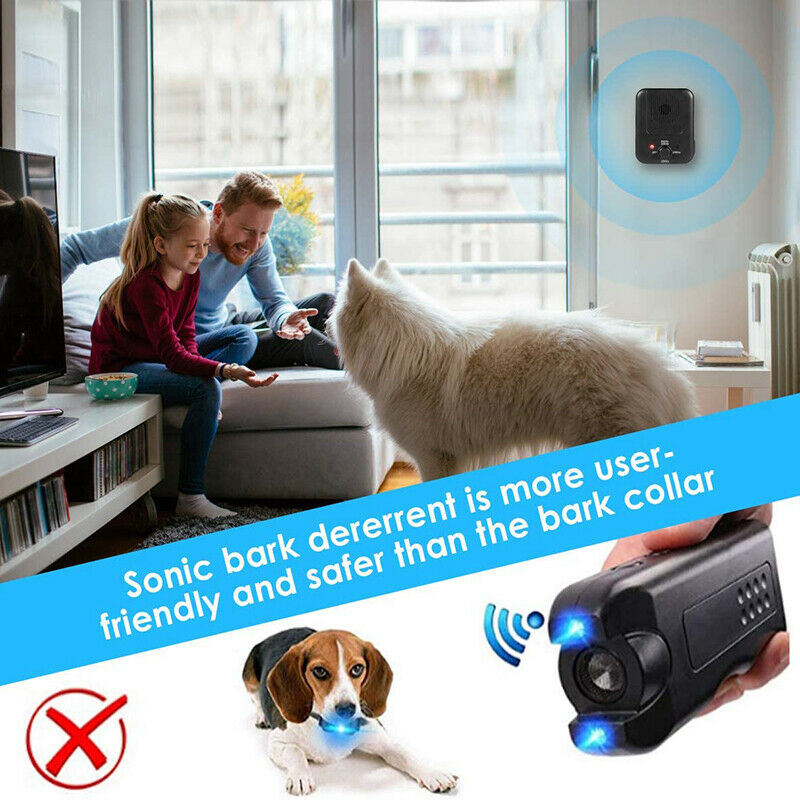 Infographic comparing Dog Bark Silencer to bark collar, showing sonic deterrent is safer