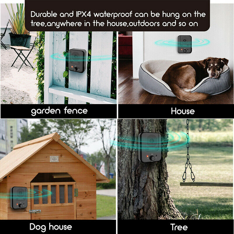 Dog Bark Silencer shown mounted on fence, indoors, dog house, and tree in four scenes