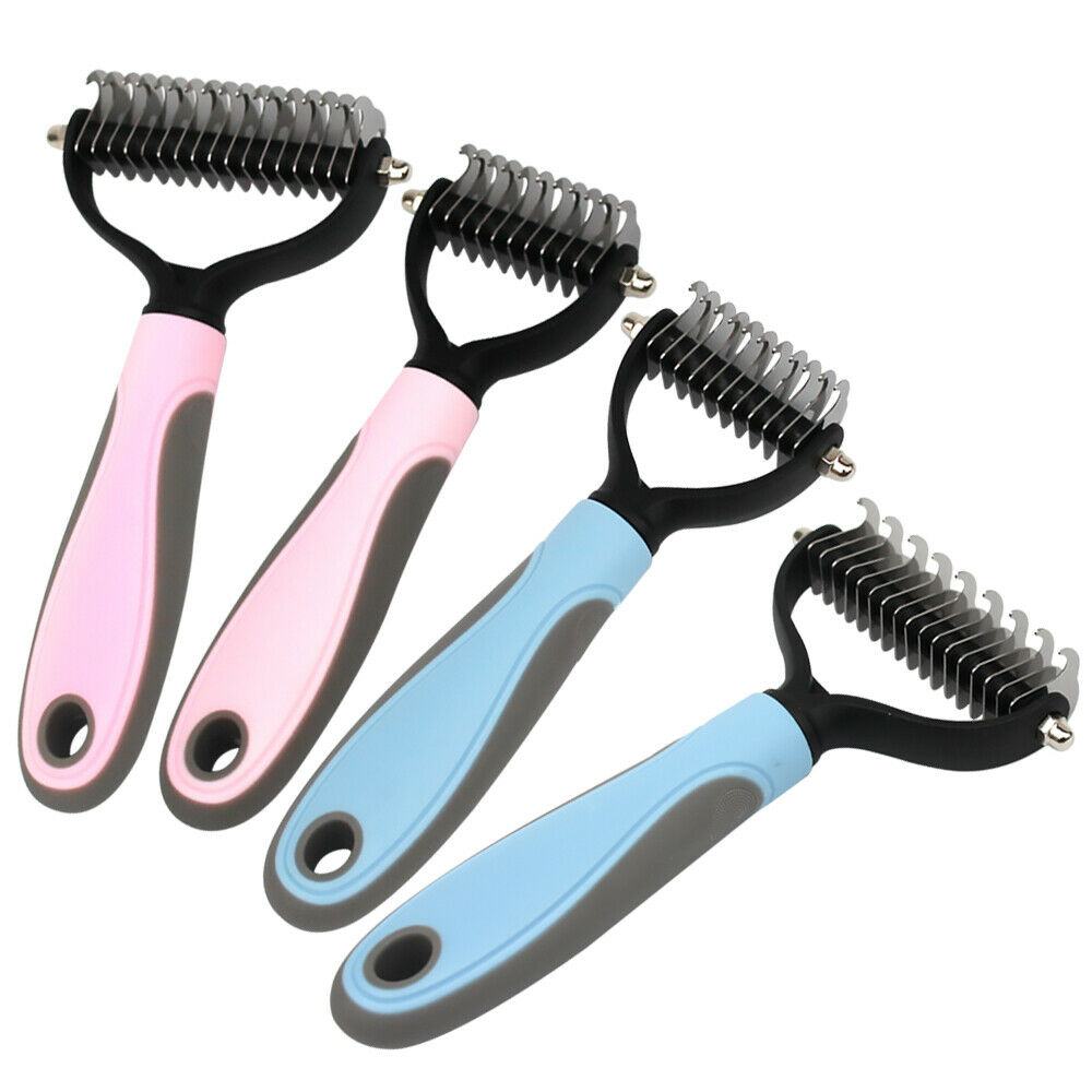 Four Dual-Head Safe Pet Dematting Combs in pink and blue on white background
