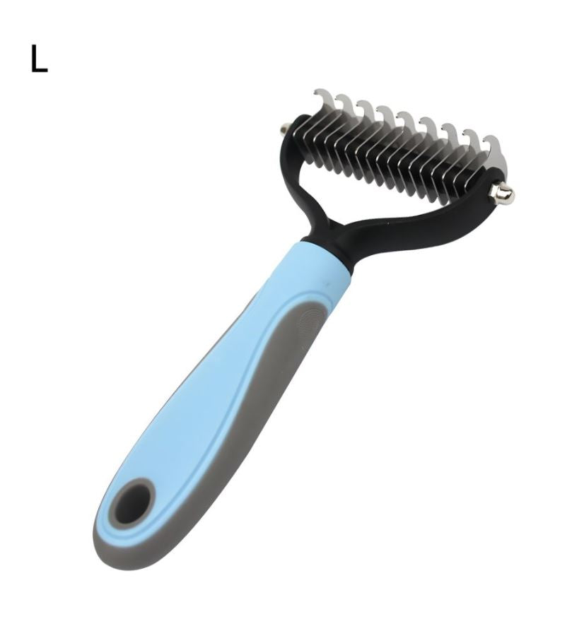 Blue large Dual-Head Safe Pet Dematting Comb on white background, size L