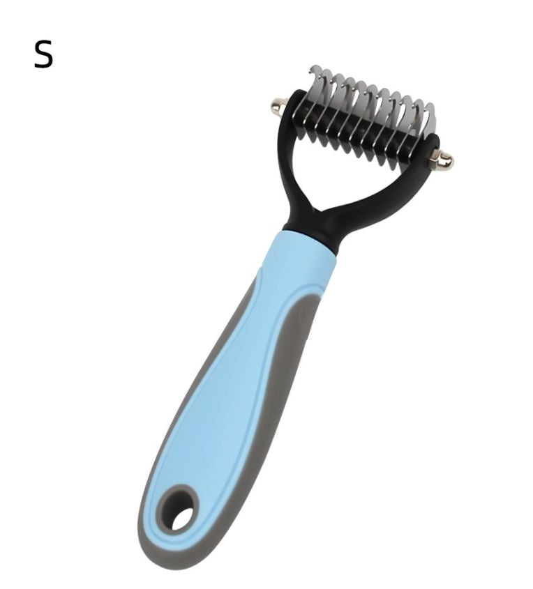 Blue small Dual-Head Safe Pet Dematting Comb on white background, size S