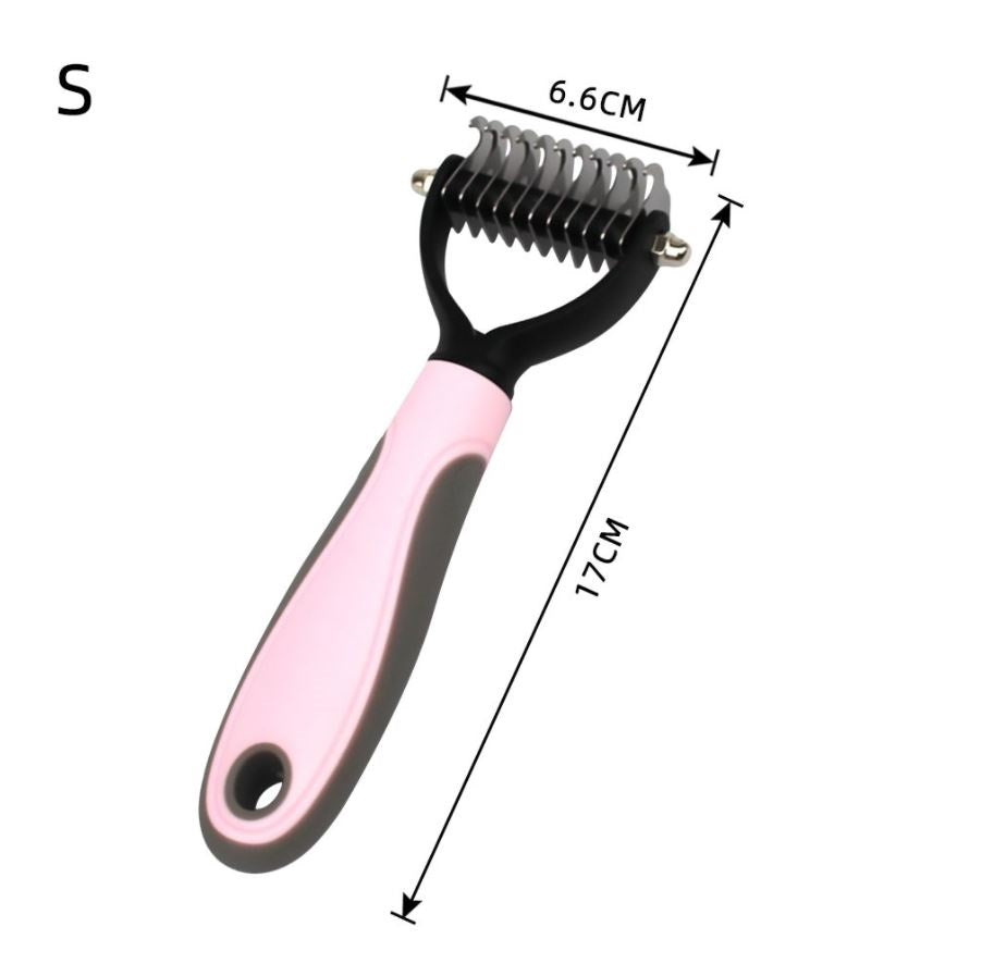 Pink small dematting comb size diagram showing 6.6cm wide and 17cm long