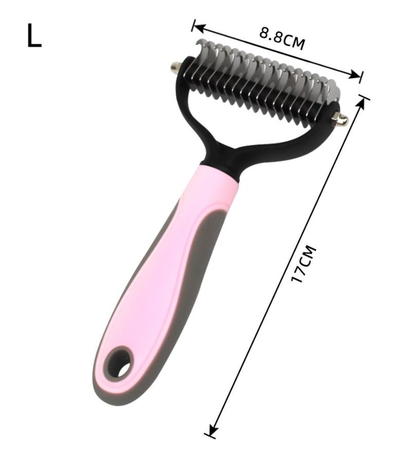 Pink large dematting comb size diagram showing 8.8cm wide and 17cm long