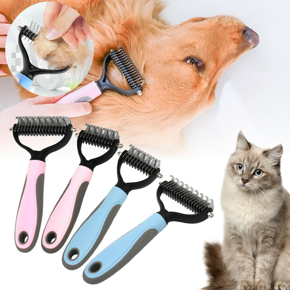 Four Dual-Head Safe Pet Dematting Combs in pink and blue beside a cat and dog