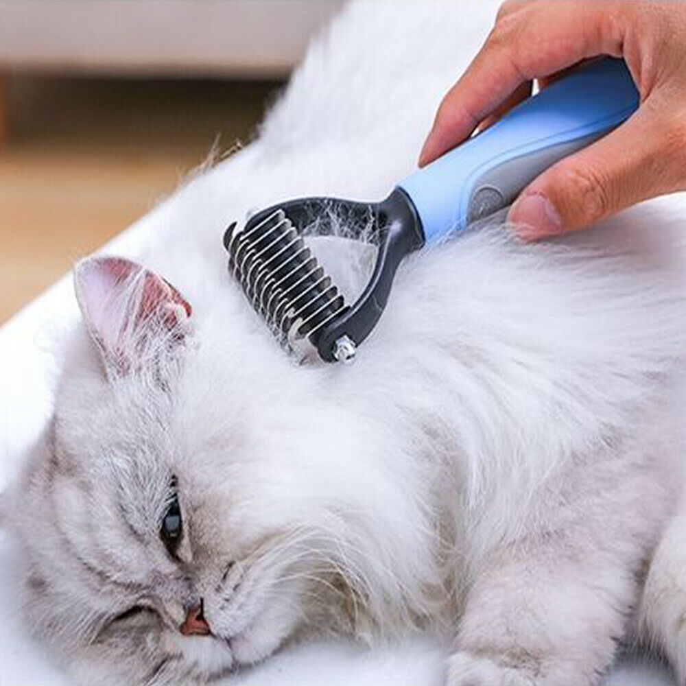 Blue Dual-Head Safe Pet Dematting Comb grooming a fluffy white cat's back