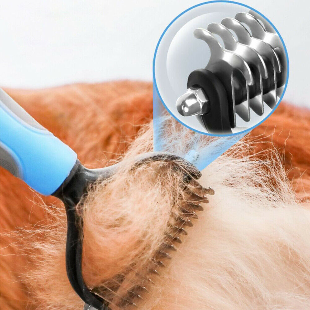 Blue dematting comb removing loose fur from a dog, close-up inset of rounded teeth