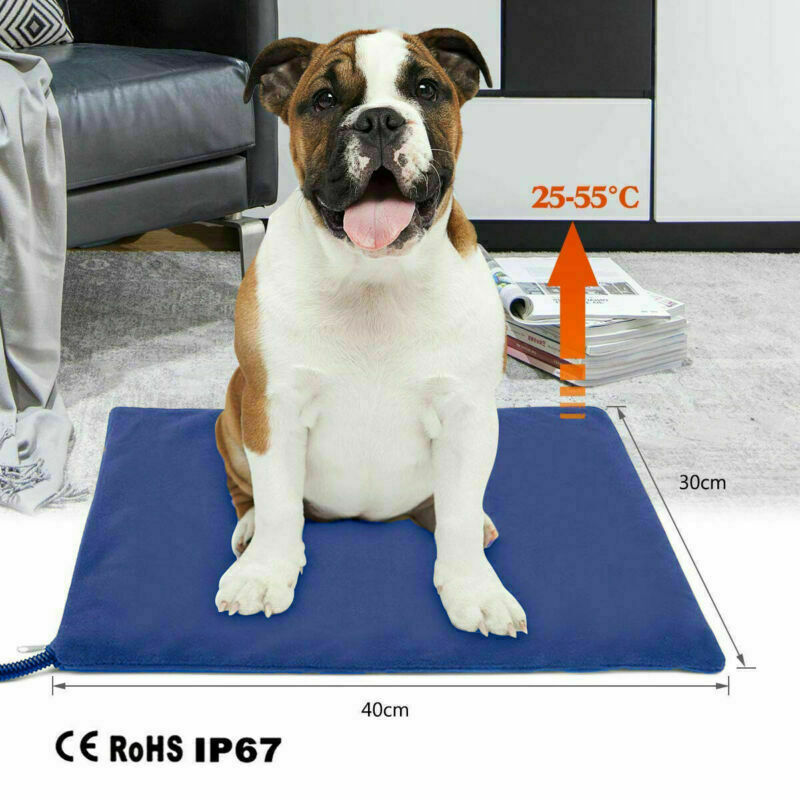 Boxer dog sitting on blue Heated Pet Bed showing 40x30cm size and 25–55°C range