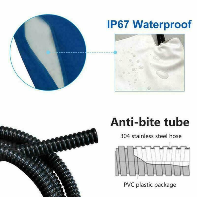 Infographic showing IP67 waterproof cover and anti-bite stainless steel cord casing detail
