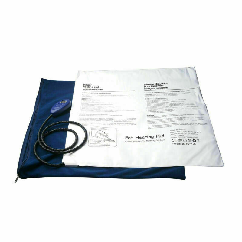 Heated Pet Bed shown unzipped beside printed safety instruction sheet
