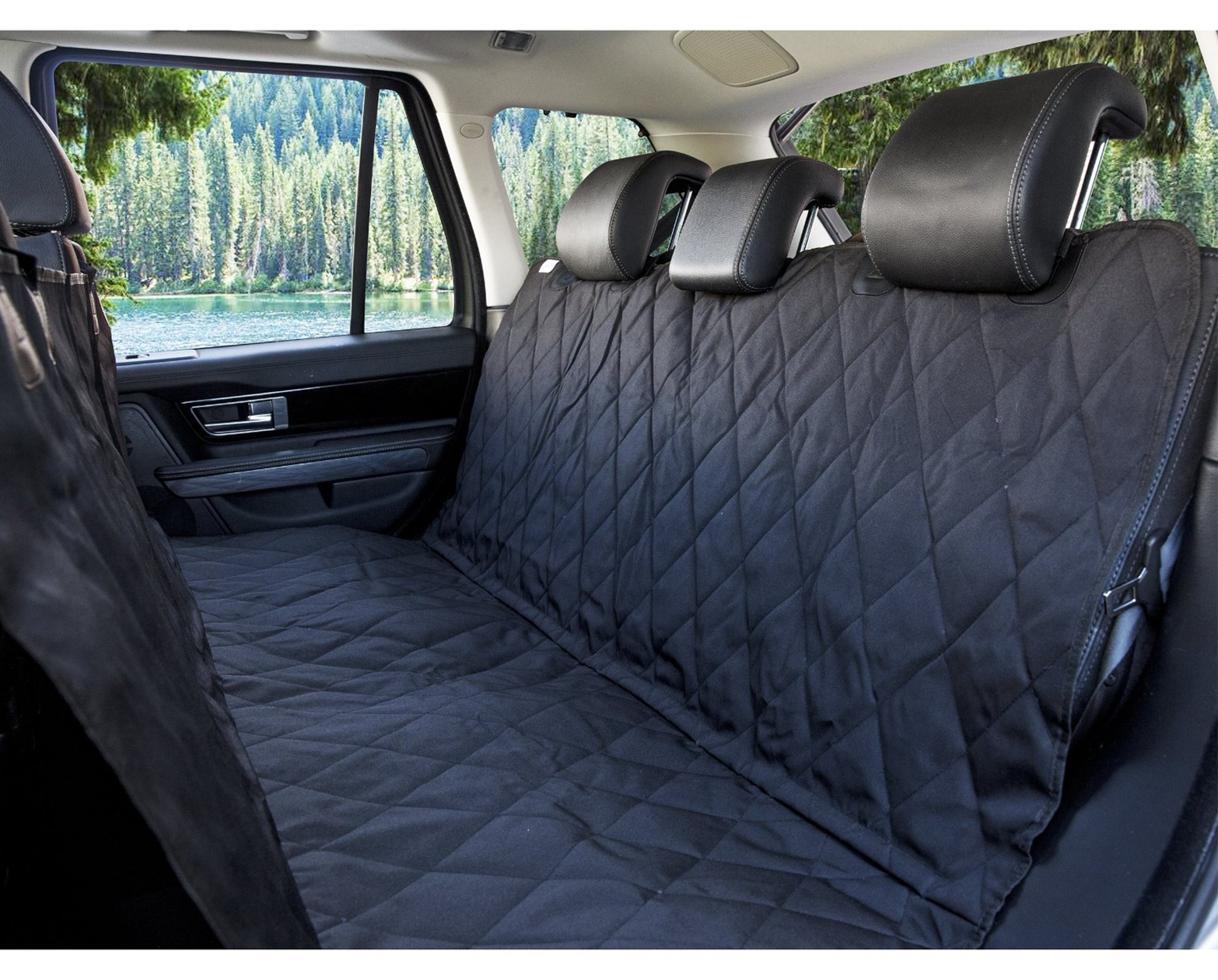 Black quilted waterproof pet car seat cover fitted across full rear bench
