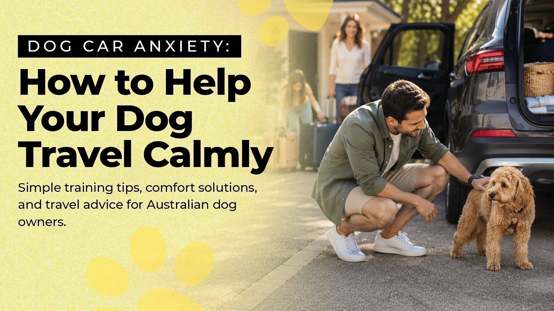 A man kneeling down to gently pet a calm dog by a car, representing a peaceful start to a journey.