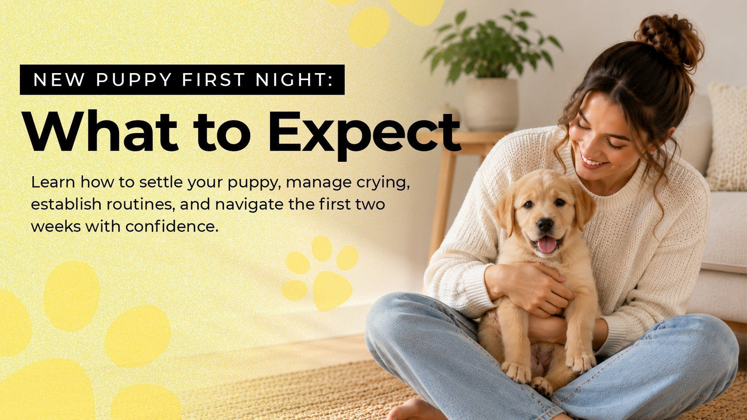 A happy woman sitting on a rug and cuddling a small puppy.