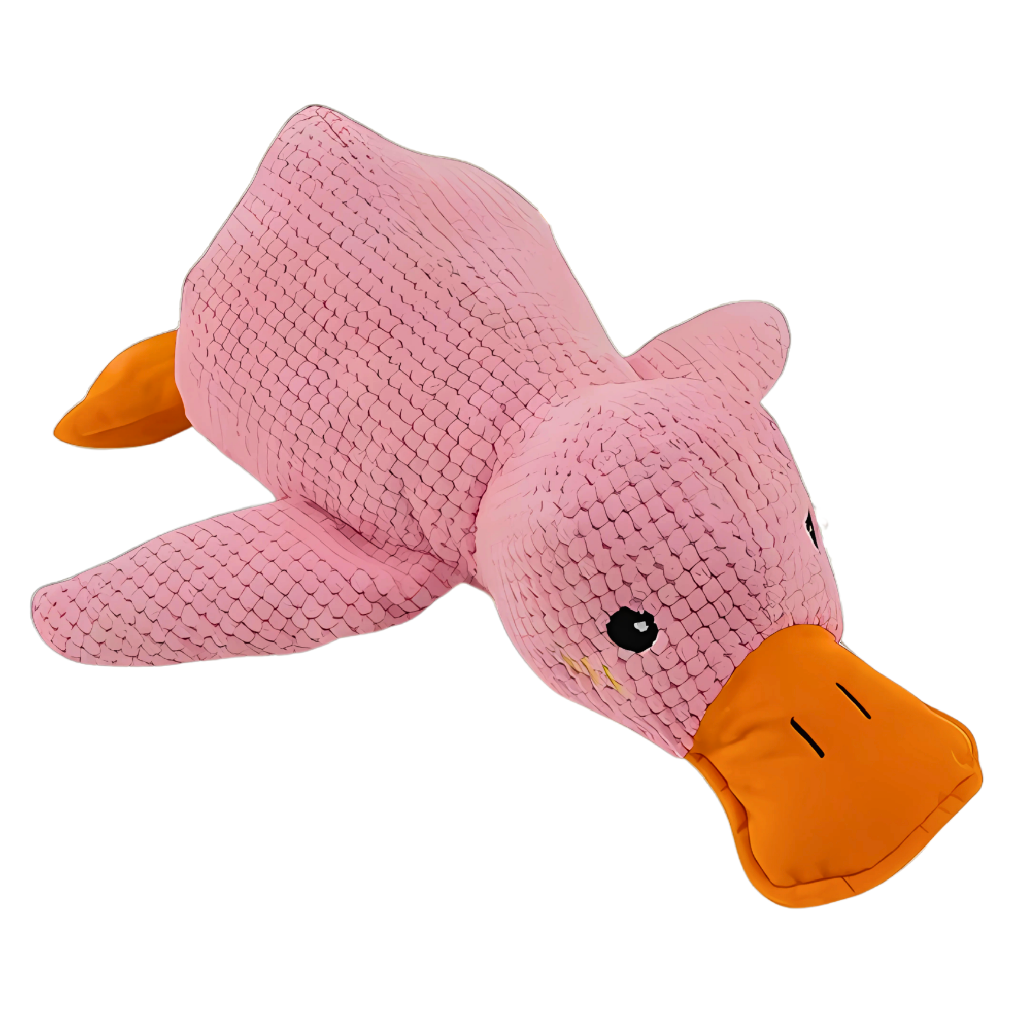 Pink Calming Duck Dog Toy with orange bill and textured waffle fabric, angled front view on white background