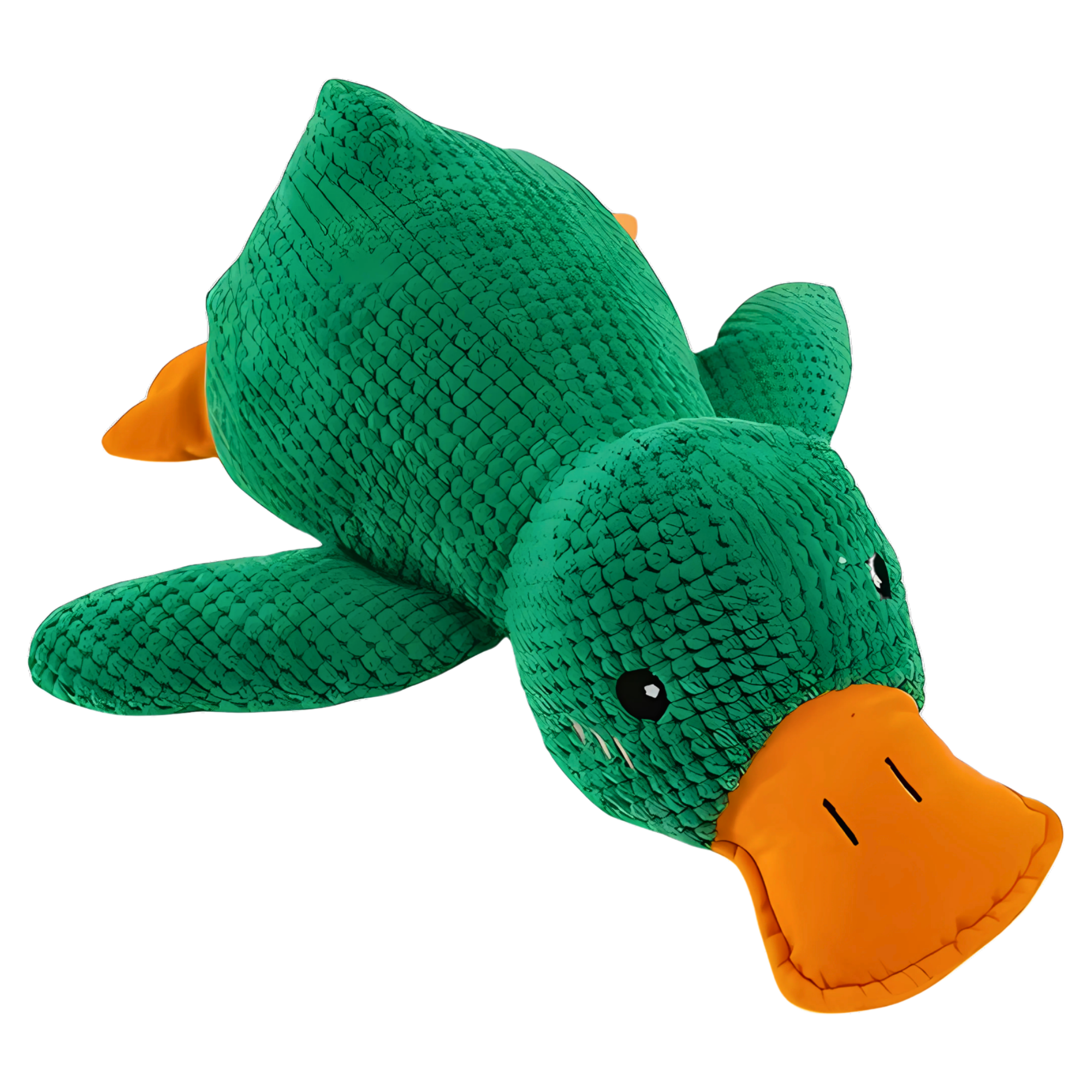 Green Calming Duck Dog Toy with orange bill and textured waffle fabric, angled front view on white background