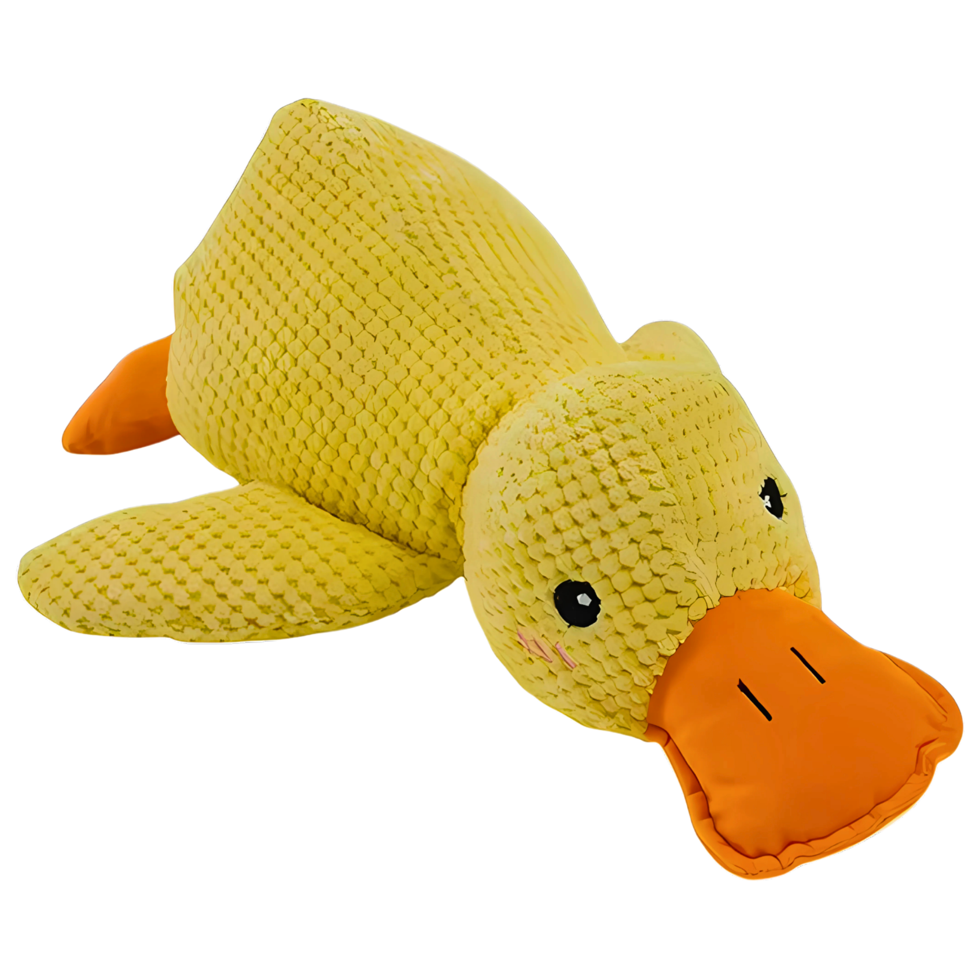Yellow Calming Duck Dog Toy with orange bill and textured waffle fabric, angled front view on white background