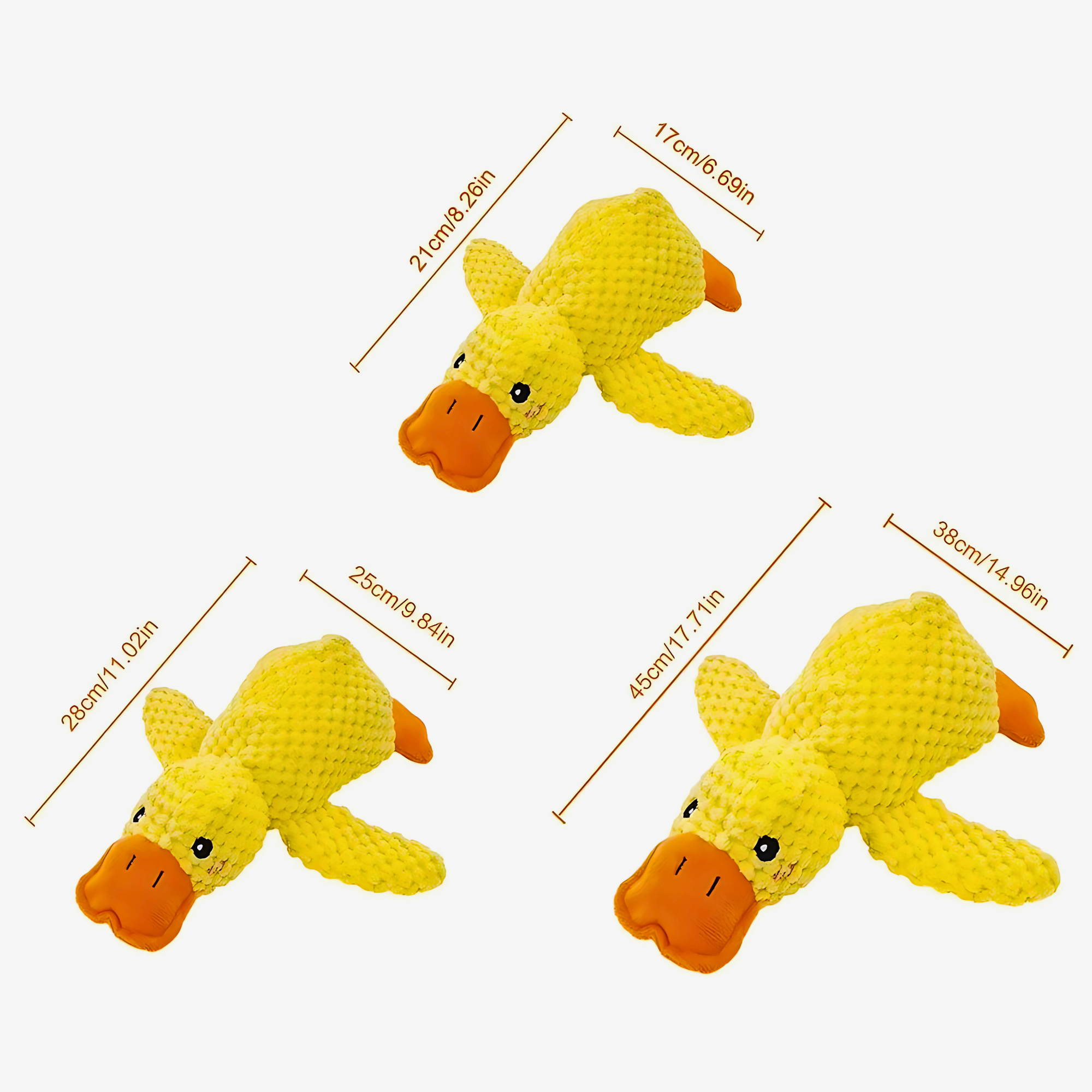 Three yellow Calming Duck Toys showing small, medium and large sizes with centimetre and inch dimensions labelled
