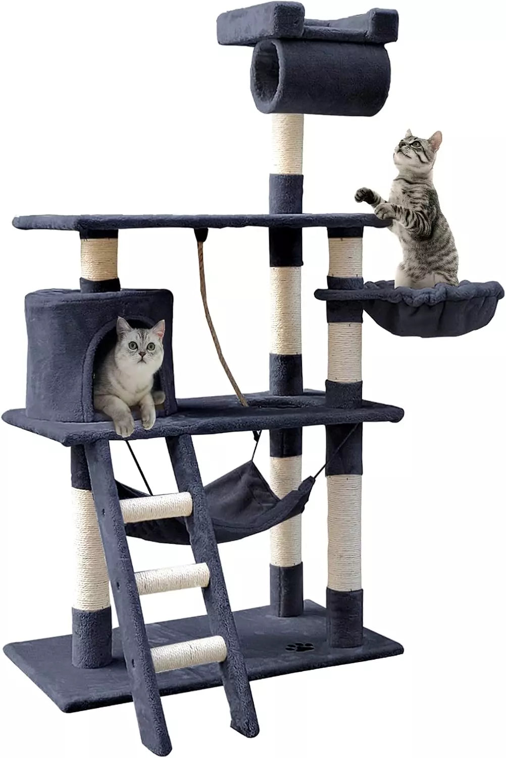 Dark navy cat scratching tree with two cats in cubby and basket on white background