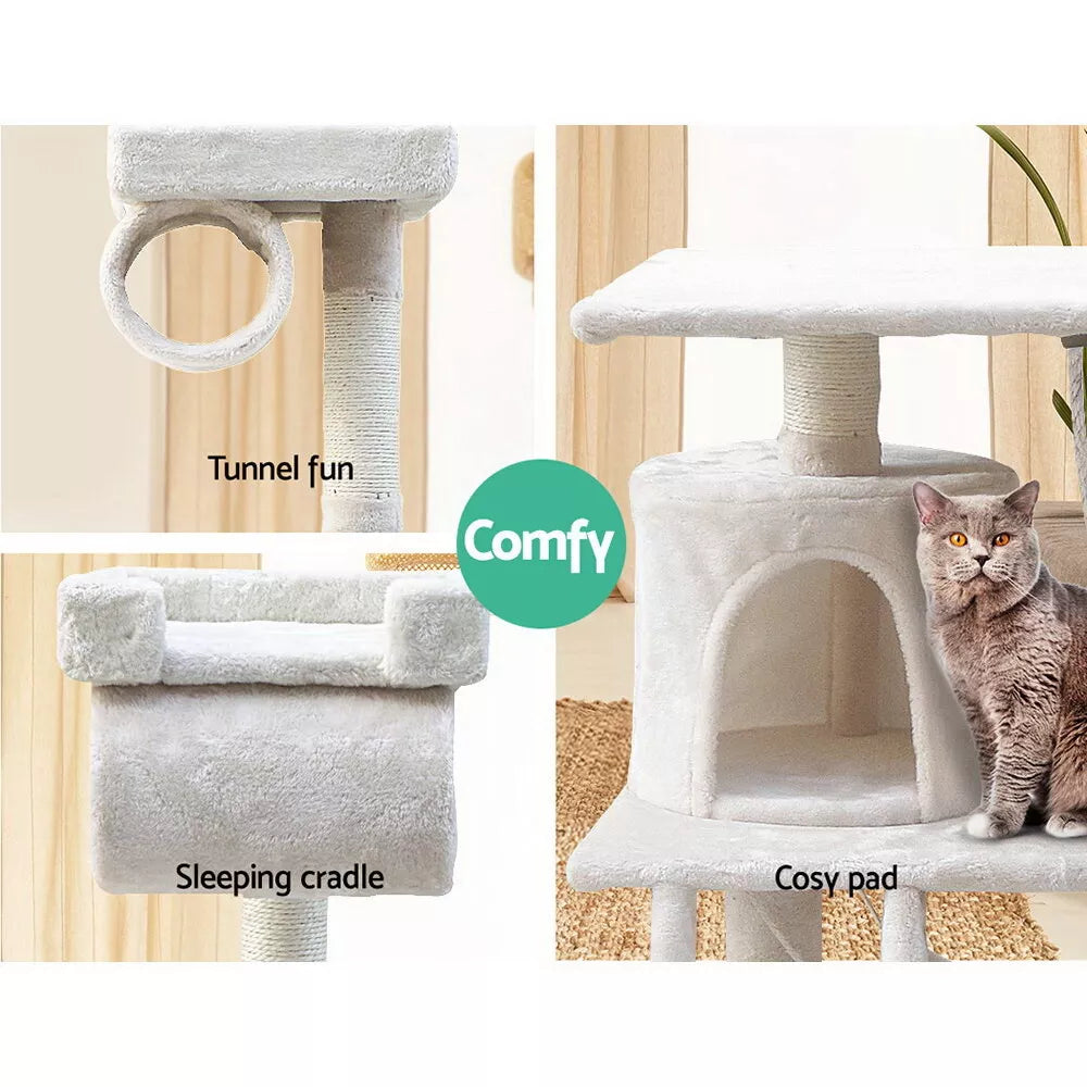 Cream cat scratching tree feature collage showing tunnel, sleeping cradle and cosy pad with cat beside hideaway