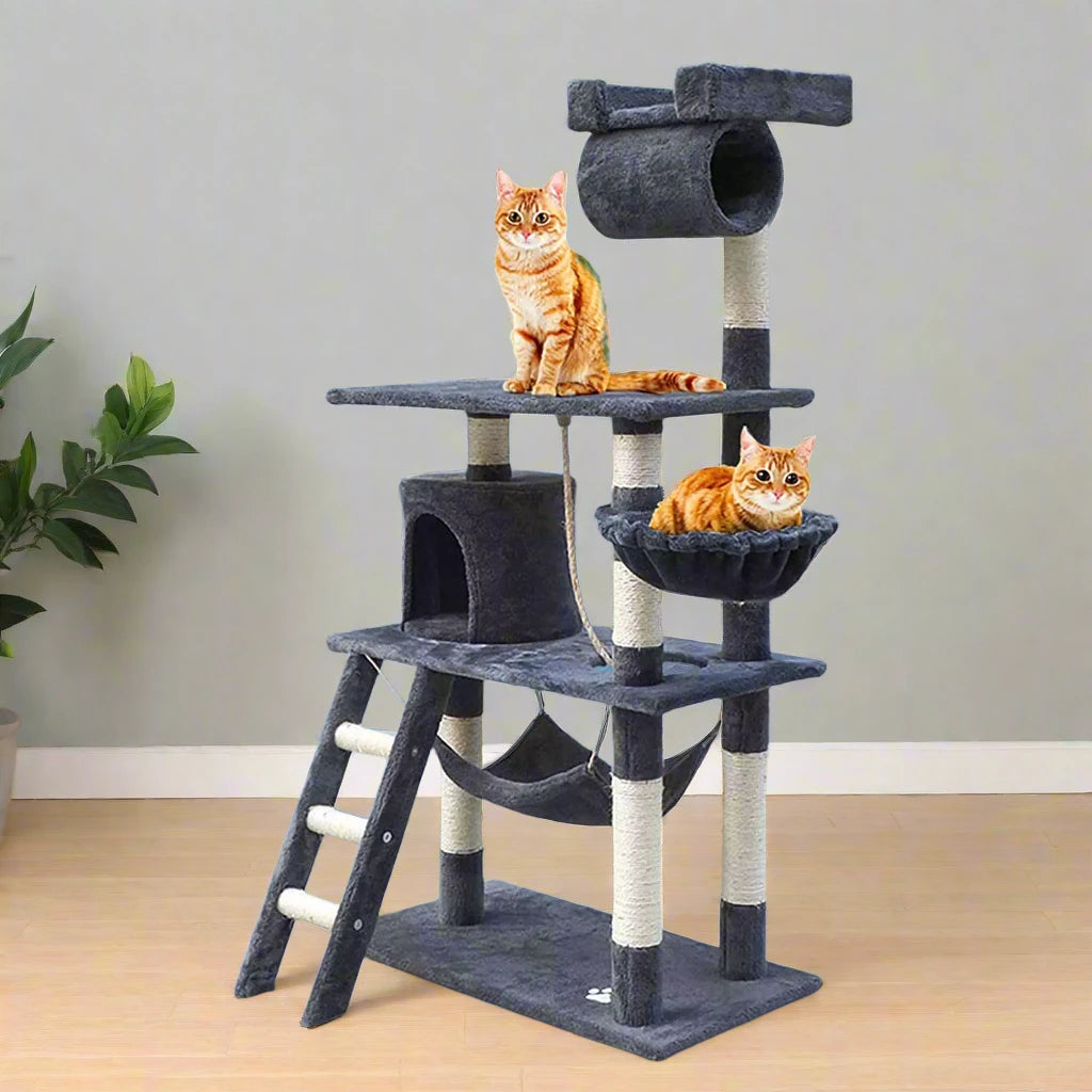 Dark grey multi-level cat scratching tree with two ginger cats, tunnel, hammock, ladder and basket perch
