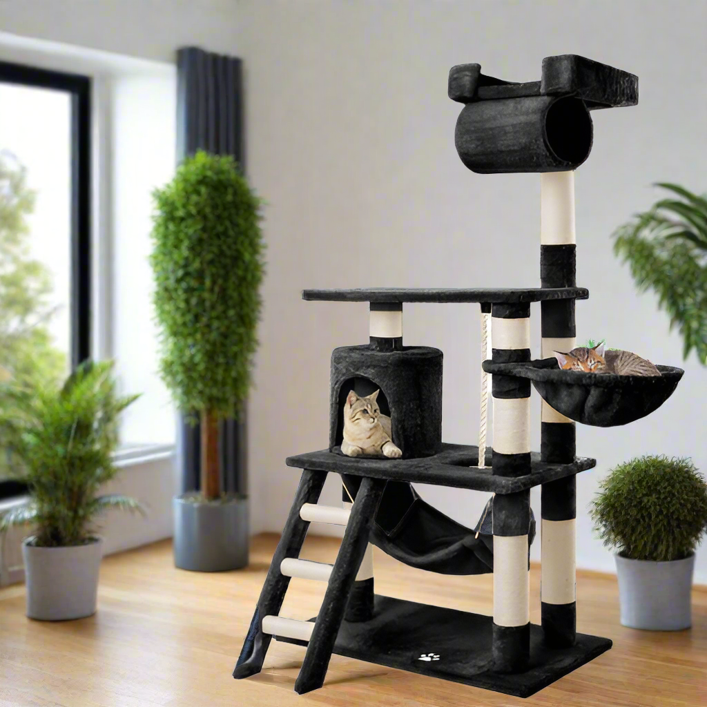 Black cat scratching tree with two tabby cats resting in cubby and basket perch beside indoor plants