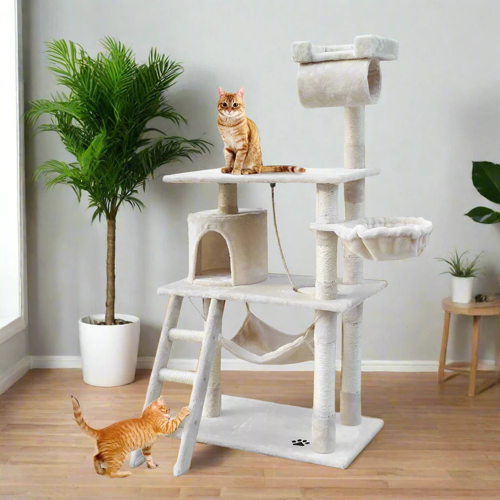 Cream cat scratching tree with two ginger cats climbing and resting on platforms, tunnel and hammock