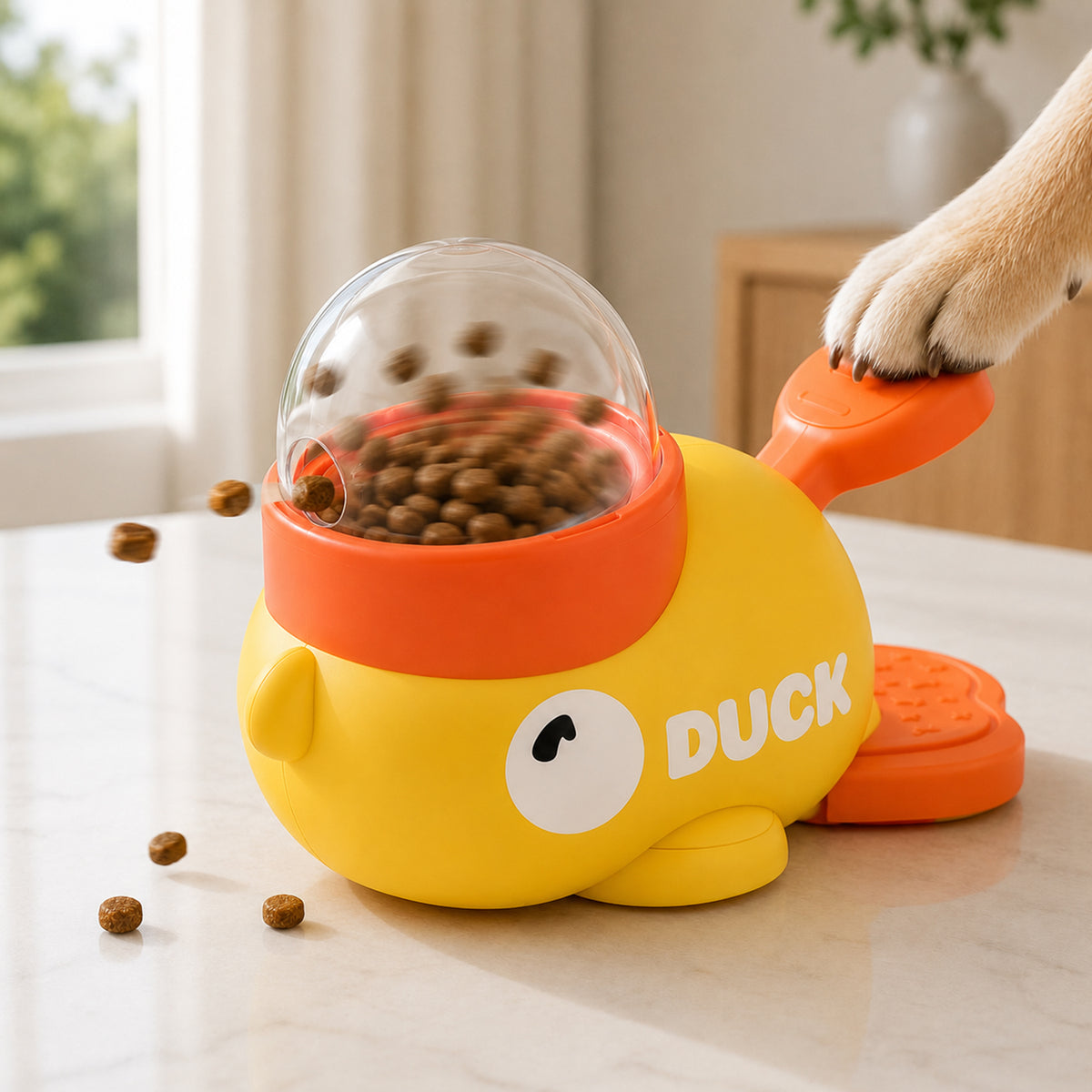 Orange dog treat dispenser toy on timber floor with kibble scattered around it