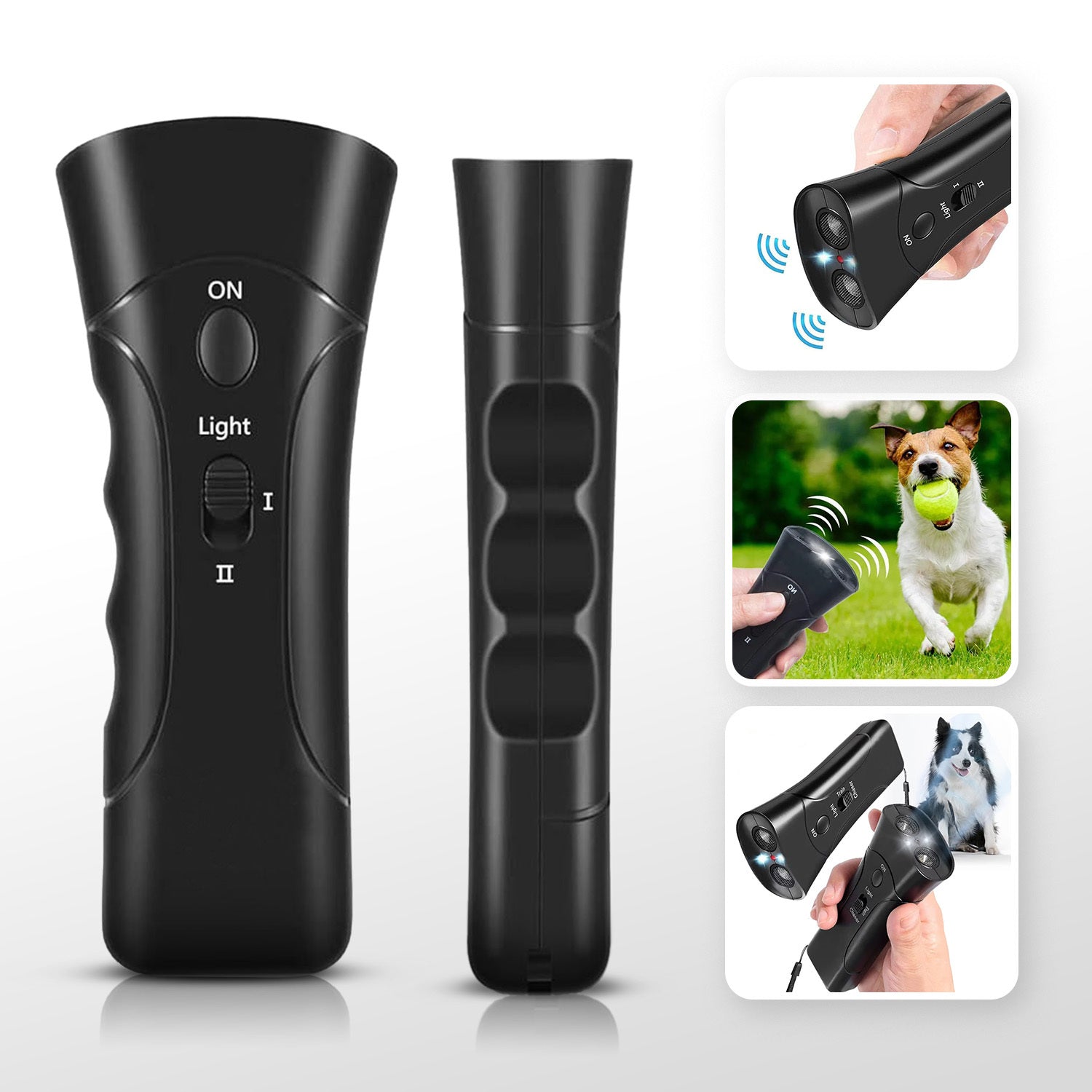 Black ultrasonic barking device shown from front and side angles with three inset lifestyle photos of use with dogs