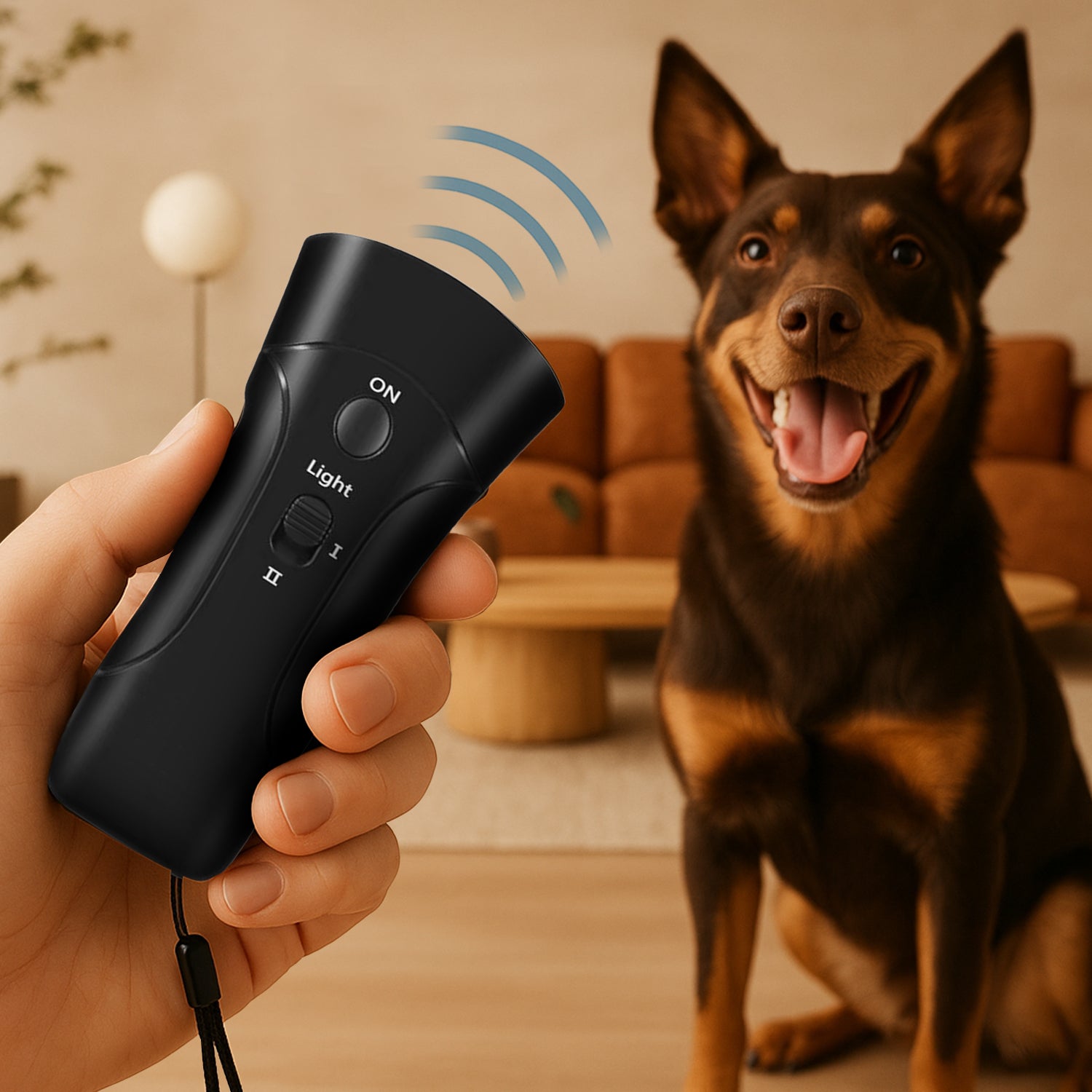 Hand holding black ultrasonic barking device aimed at a sitting Kelpie dog indoors, with sonic waves illustrated