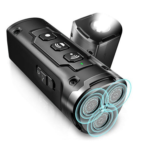 Black Ultrasonic Dog Barking Deterrent Device angled view showing speaker grilles with sound wave graphics and built-in torch