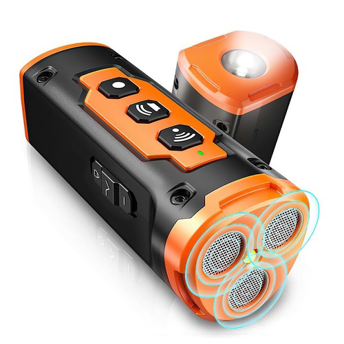 Orange and black Ultrasonic Dog Barking Deterrent Device angled view showing triple speaker grilles and LED torch attachment