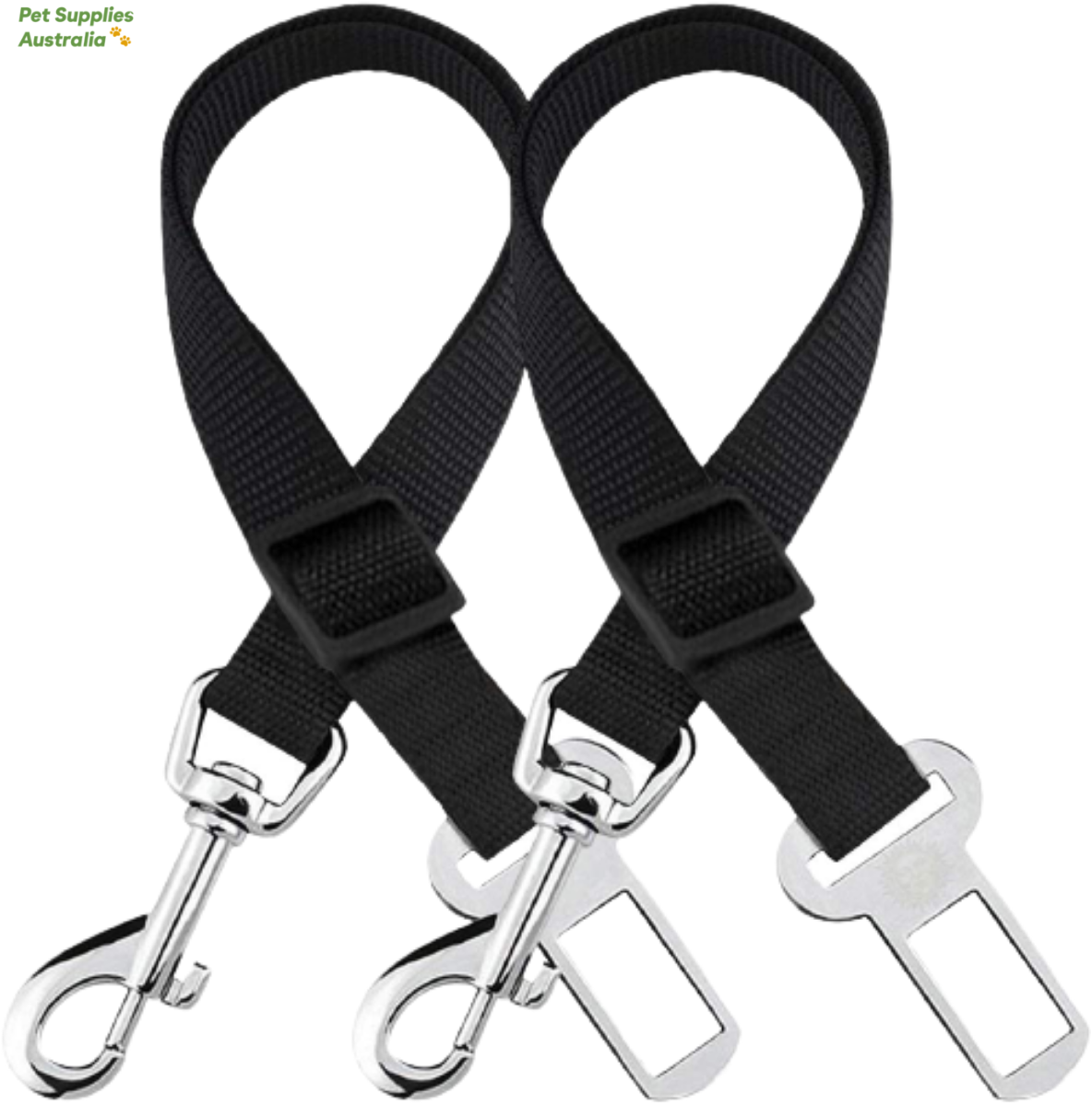 Two black Adjustable Dog Travel Safety Seatbelts showing clip and buckle ends