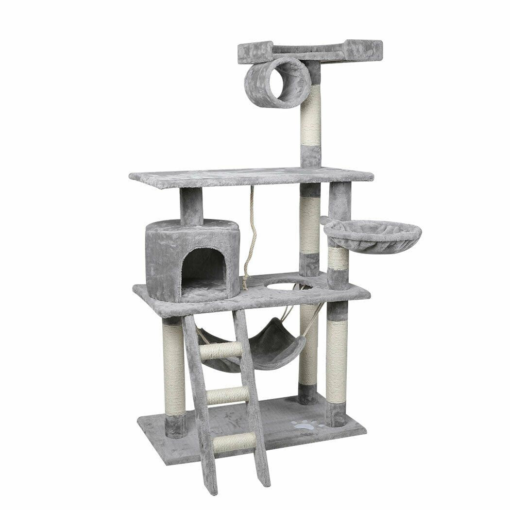 Light grey cat scratching tree on white background showing tunnel, platforms, hammock, hideaway and ladder