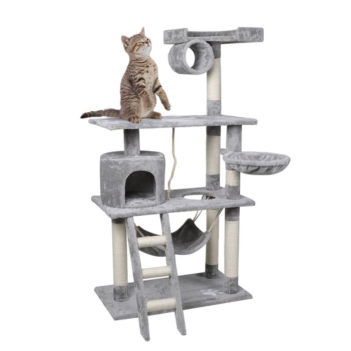 Light grey cat scratching tree with tabby cat perched on middle platform on white background