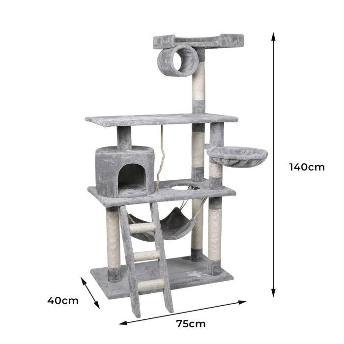 Grey cat scratching tree with dimensions labelled 140cm tall, 75cm wide and 40cm deep