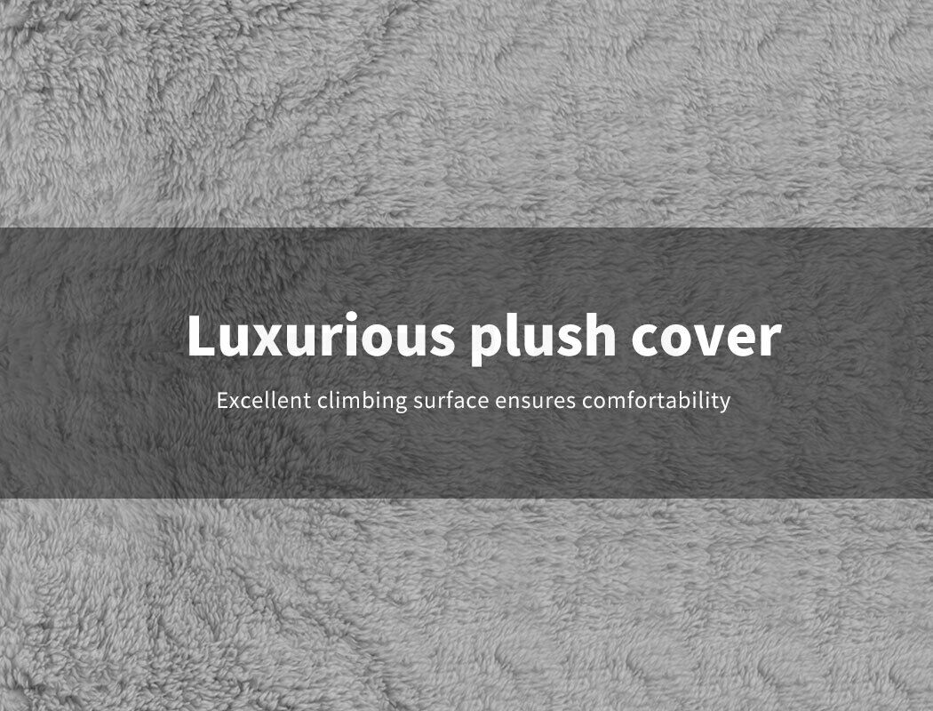 Close-up of soft grey plush fabric with text reading Luxurious plush cover