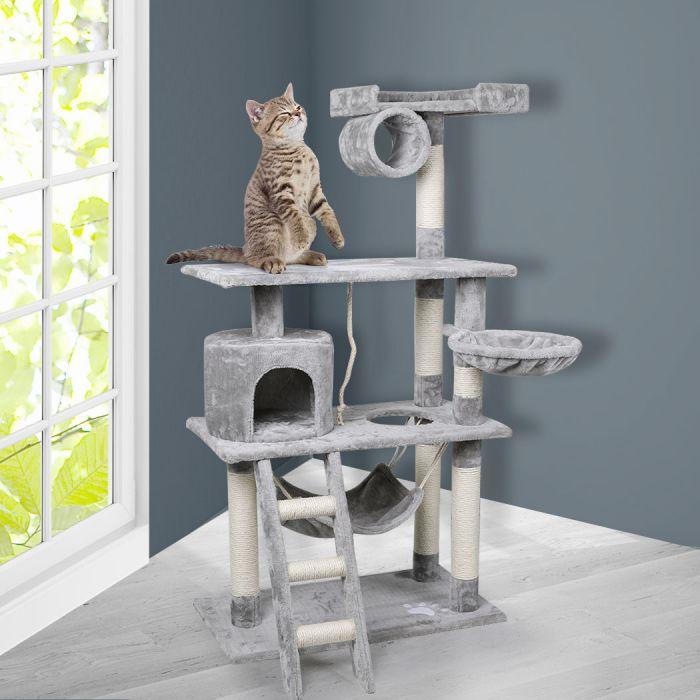 Light grey cat scratching tree with tabby cat on middle platform beside window, showing all levels