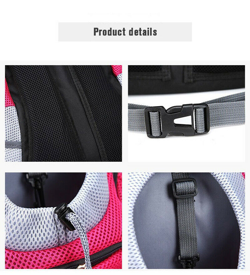 Close-up product details of pink Dog Backpack showing zipper, buckle, mesh and strap