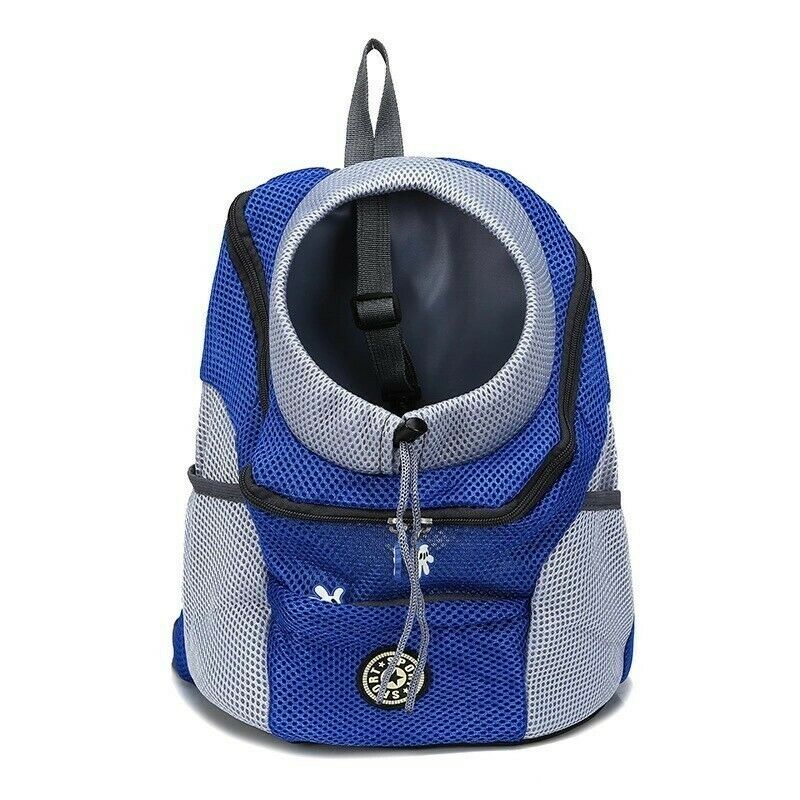 Blue and grey mesh Dog Backpack front view on white background