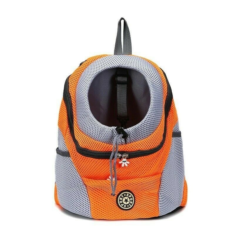 Orange and grey mesh Dog Backpack front view on white background