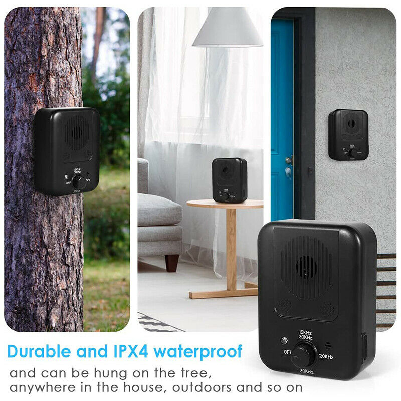 Dog Bark Silencer shown mounted on tree, indoors, and near front door, IPX4 waterproof